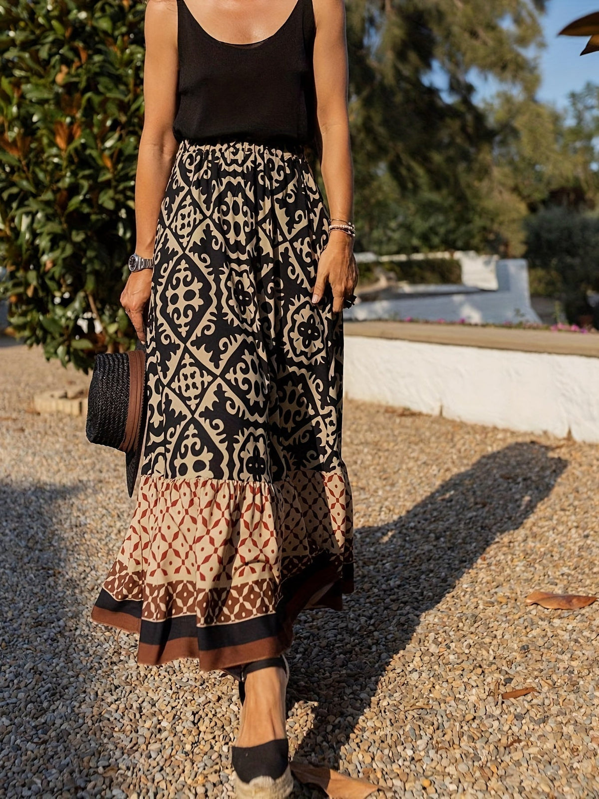 Printed Boho Maxi Skirt with Flowing Cut & Fringes | Yalina