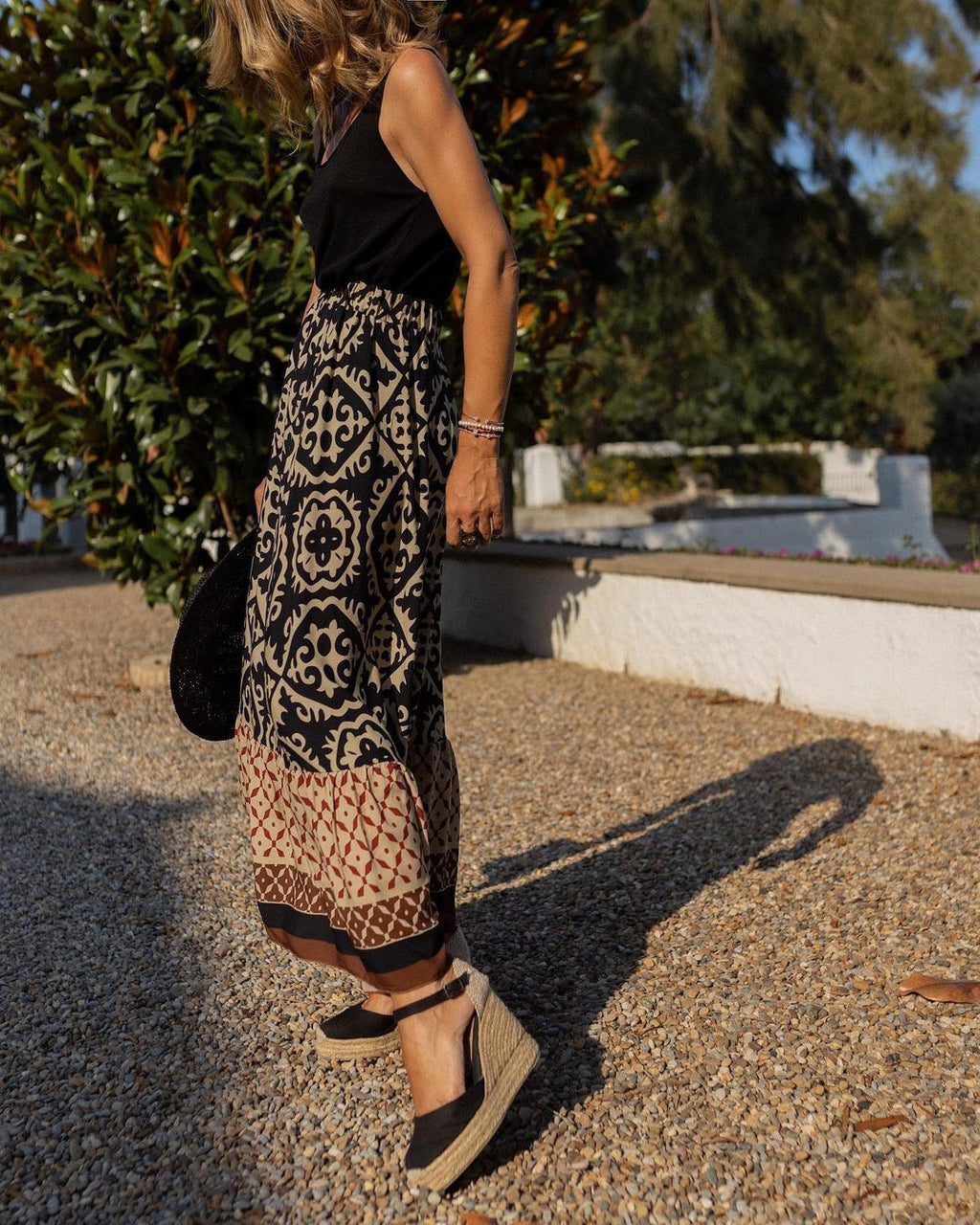 Printed Boho Maxi Skirt with Flowing Cut & Fringes | Yalina