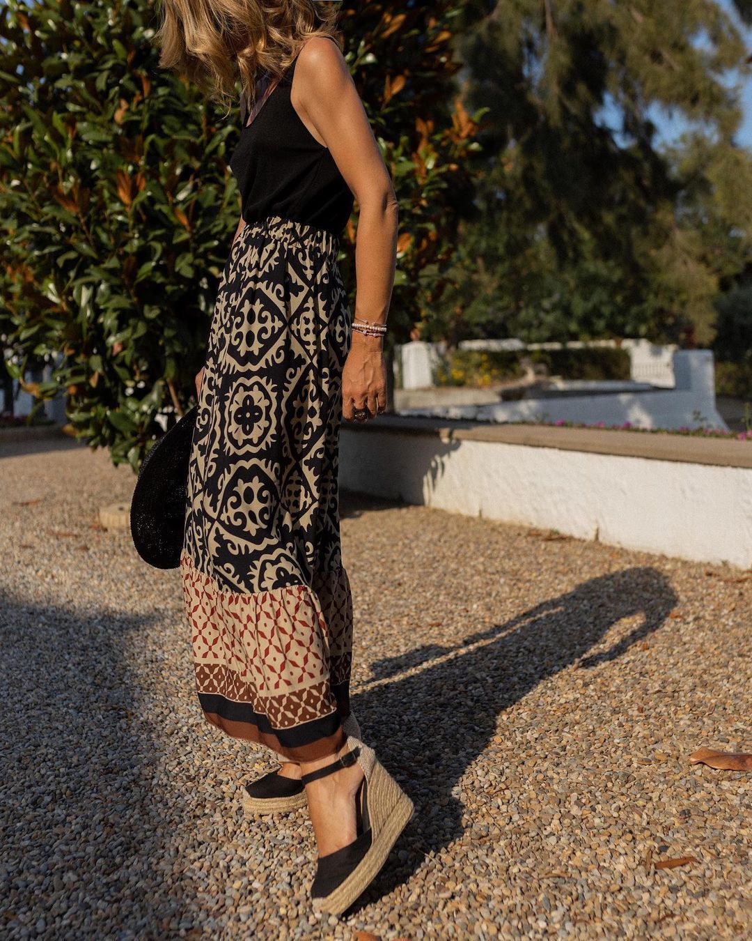 Printed Boho Maxi Skirt with Flowing Cut & Fringes | Yalina