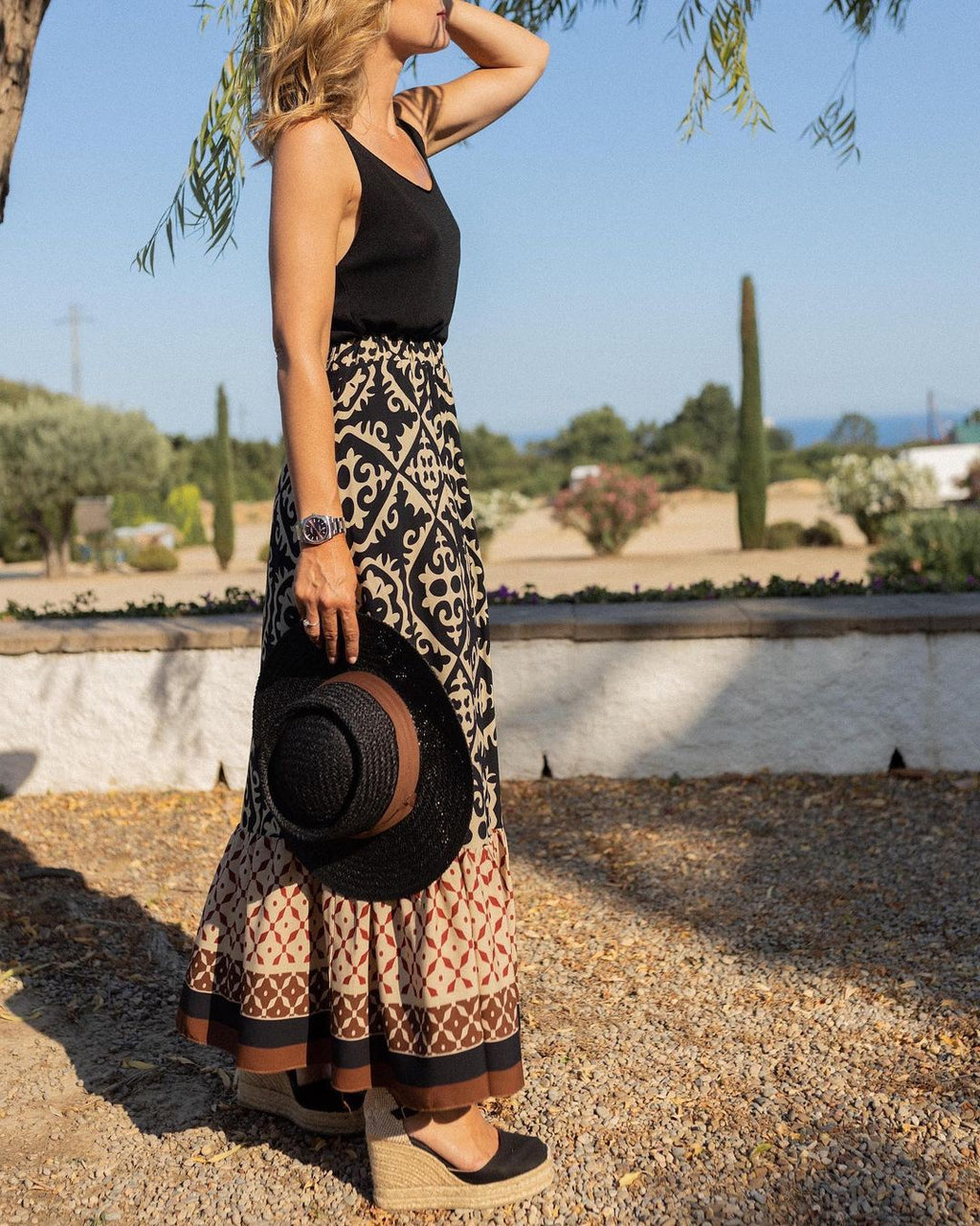 Printed Boho Maxi Skirt with Flowing Cut & Fringes | Yalina