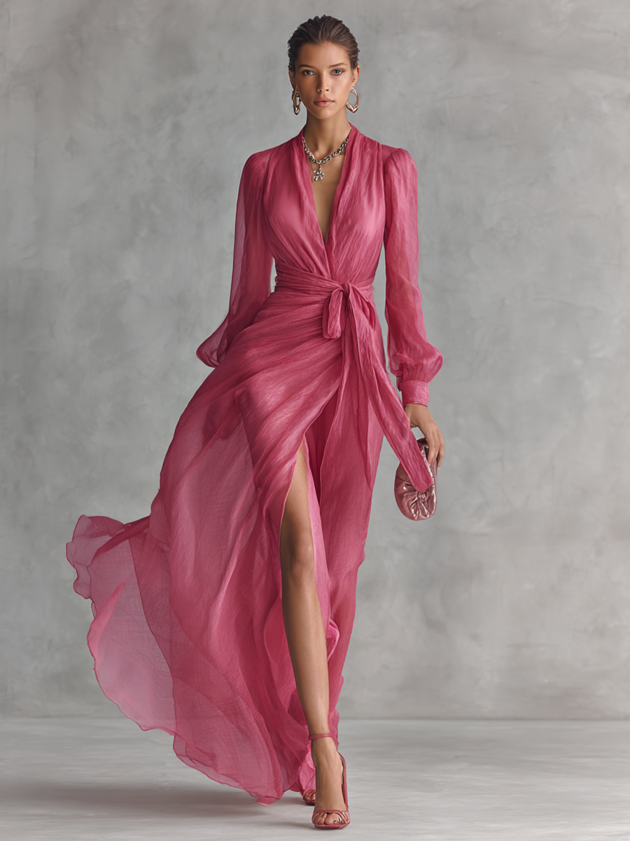 Pink Chiffon Dress with V-Neck