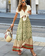 Printed Boho Maxi Skirt with Flowing Cut & Fringes | Yalina