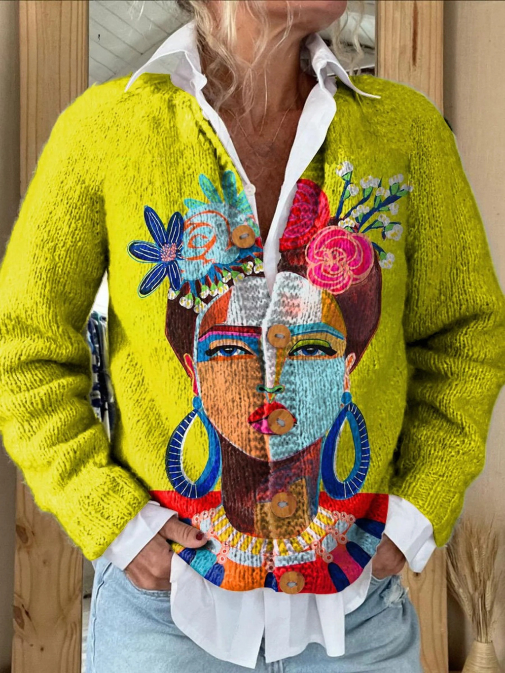Iona | Chartreuse Embroidered Portrait Cardigan