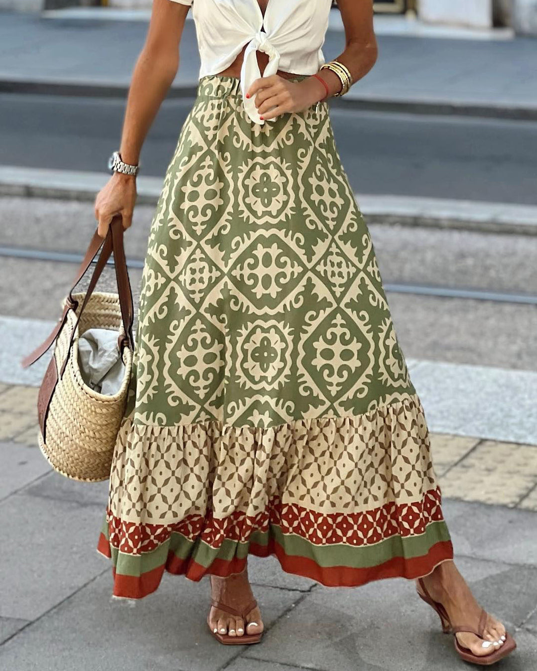 Printed Boho Maxi Skirt with Flowing Cut & Fringes | Yalina