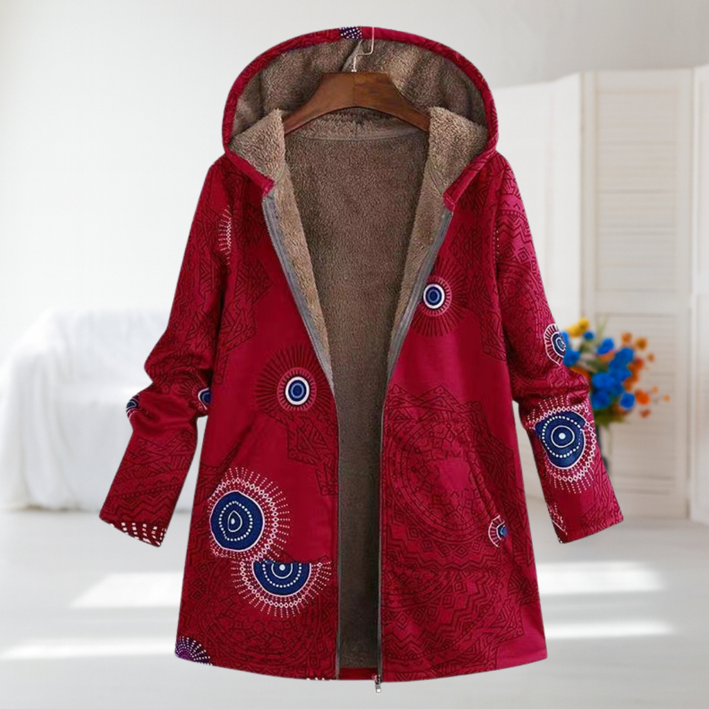 Chiara | Red Mandala Fleece-Lined Hooded Coat