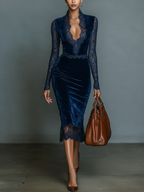 Velvet Midi Dress with V-Neck and Lace