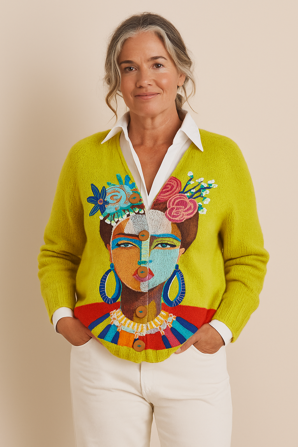 Iona | Chartreuse Embroidered Portrait Cardigan