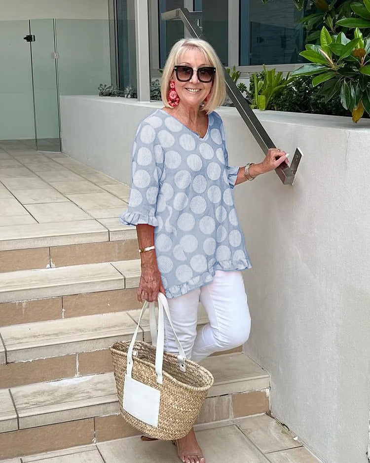 Denise | Relaxed V-Neck Polka Dot Blouse