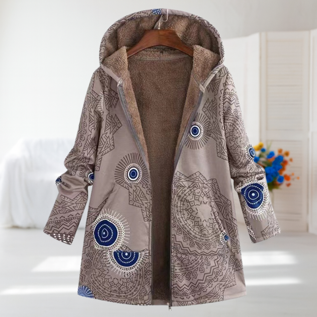 Noemi | Taupe Mandala Fleece-Lined Hooded Coat