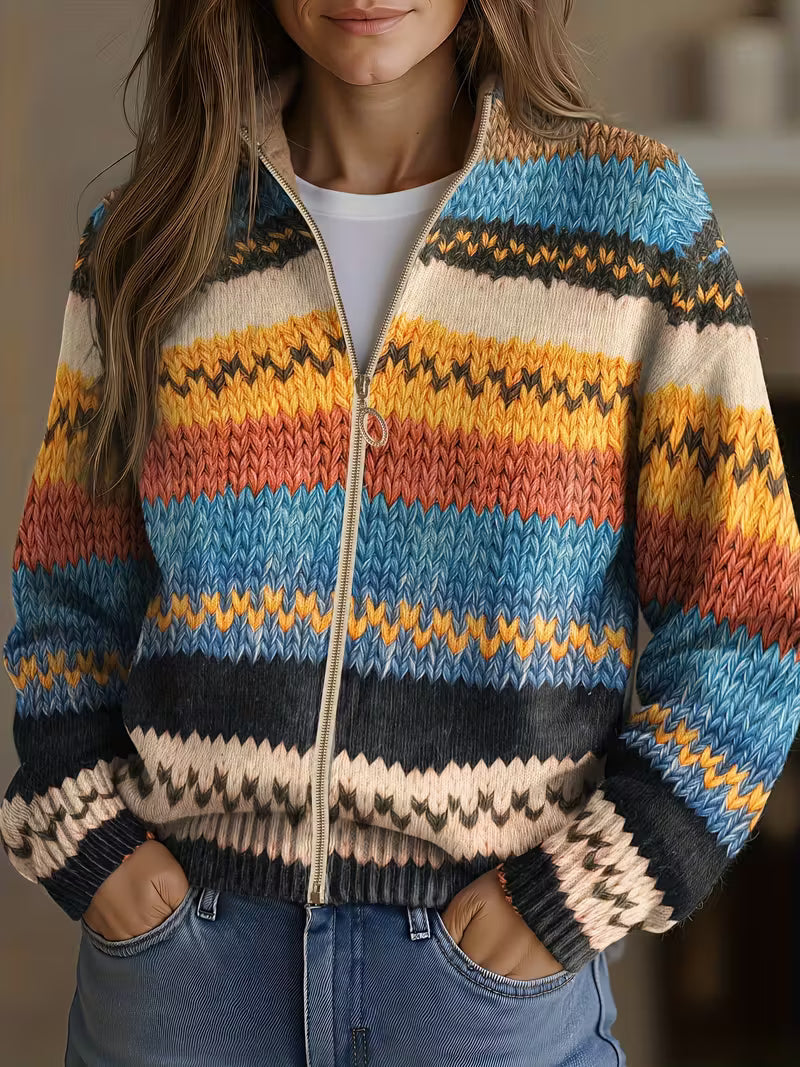 Jenna | Multicoloured Zigzag Knit Zip-Up Cardigan