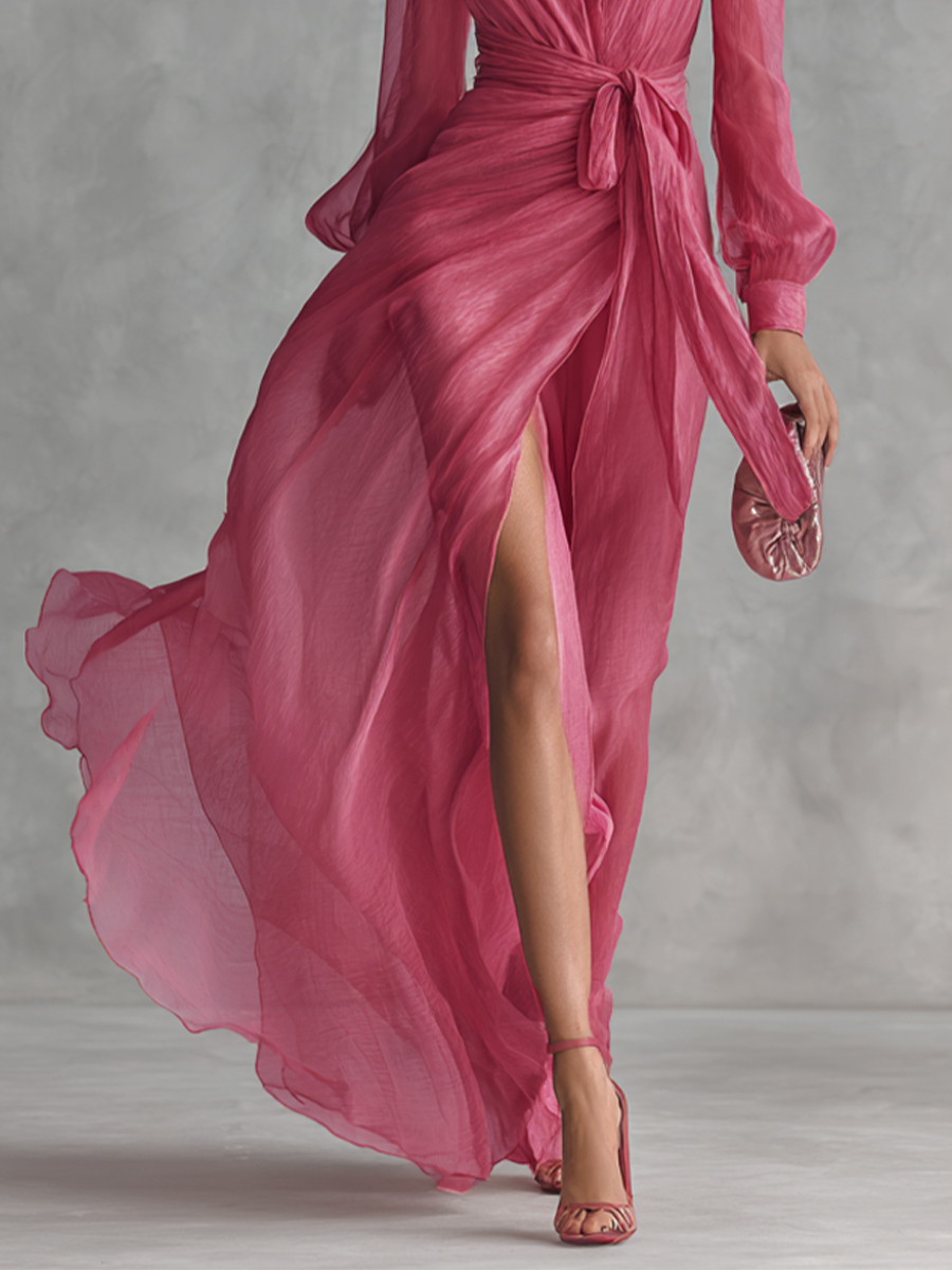 Pink Chiffon Dress with V-Neck