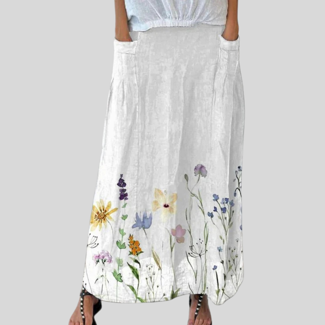 Watercolour Spring Meadows Art Printed Women's Linen Elastic Waist Pocket Skirt