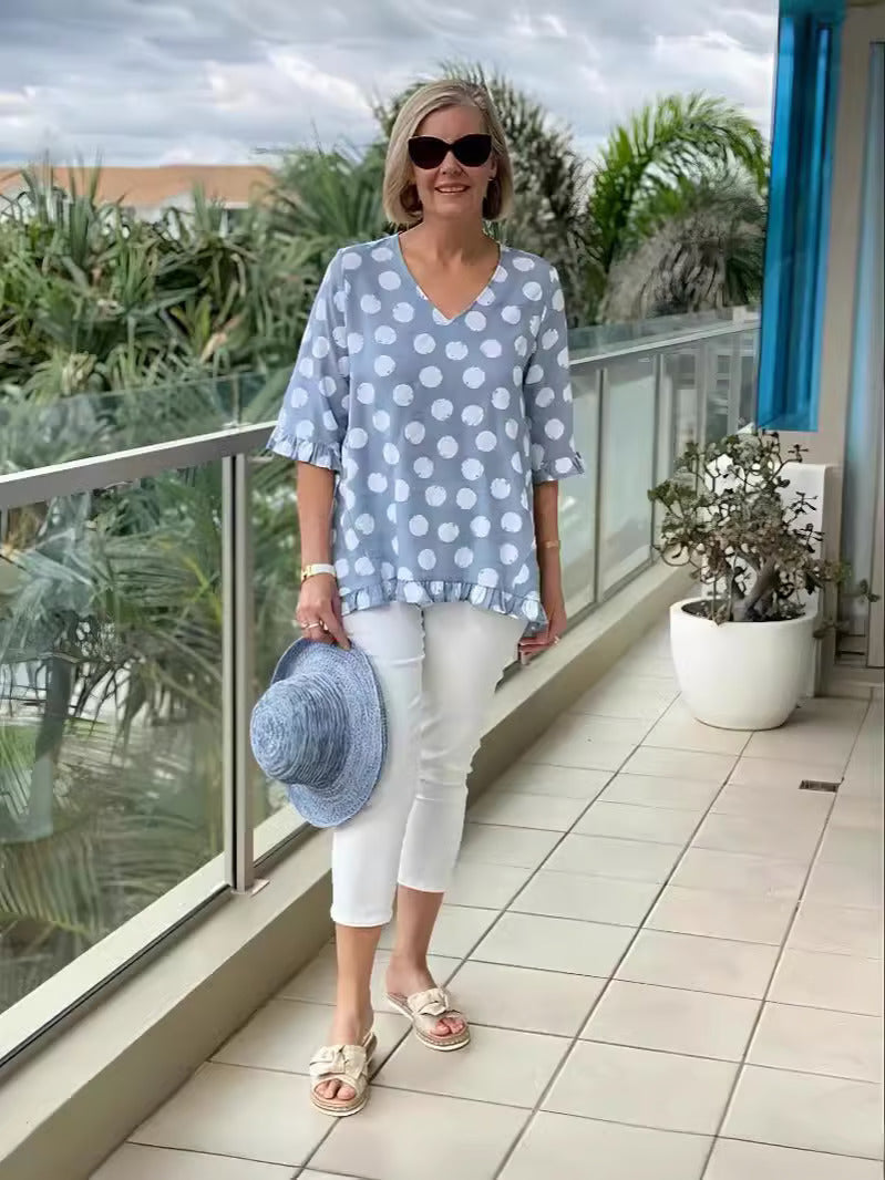 Denise | Relaxed V-Neck Polka Dot Blouse