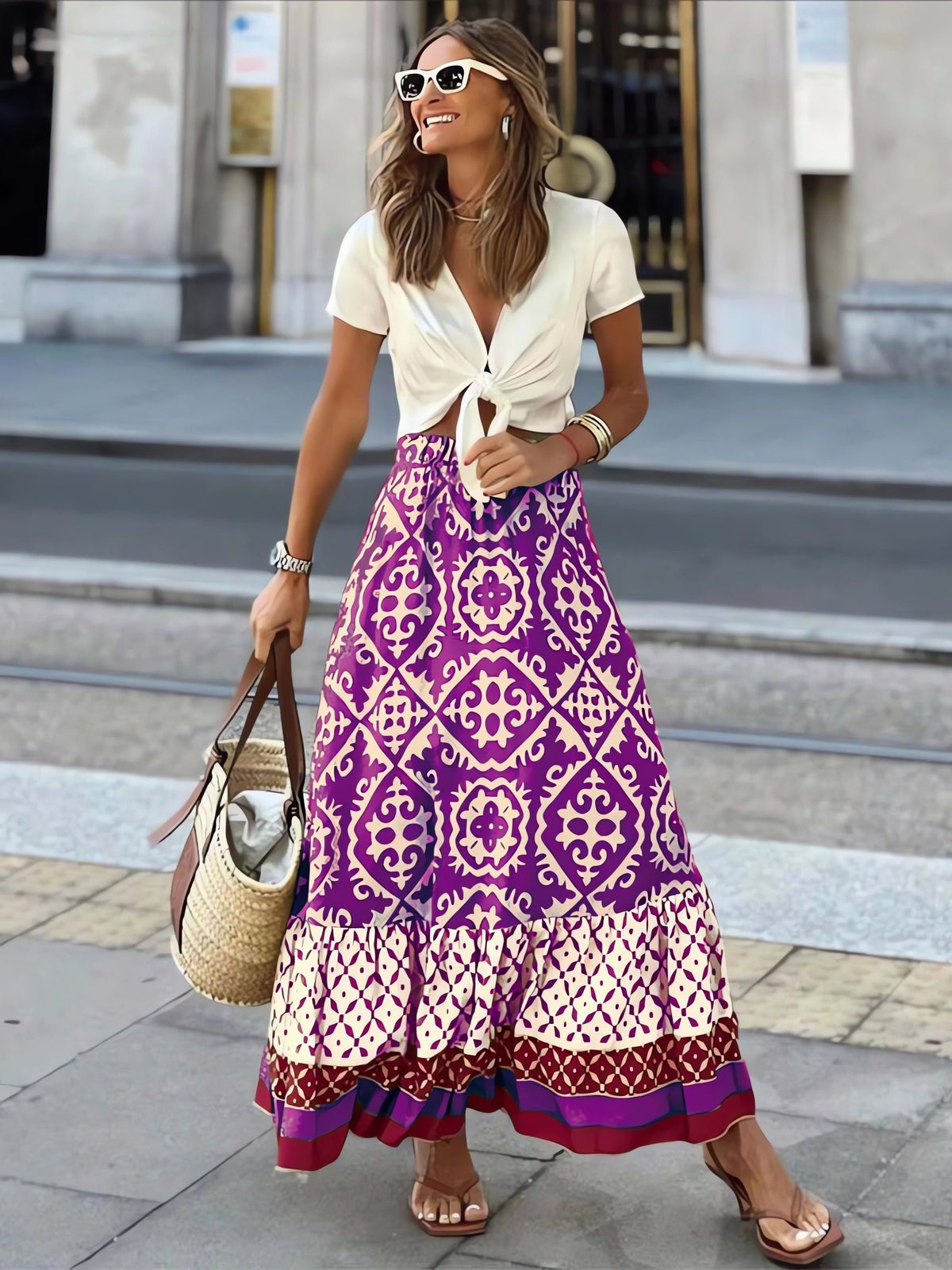 Printed Boho Maxi Skirt with Flowing Cut & Fringes | Yalina