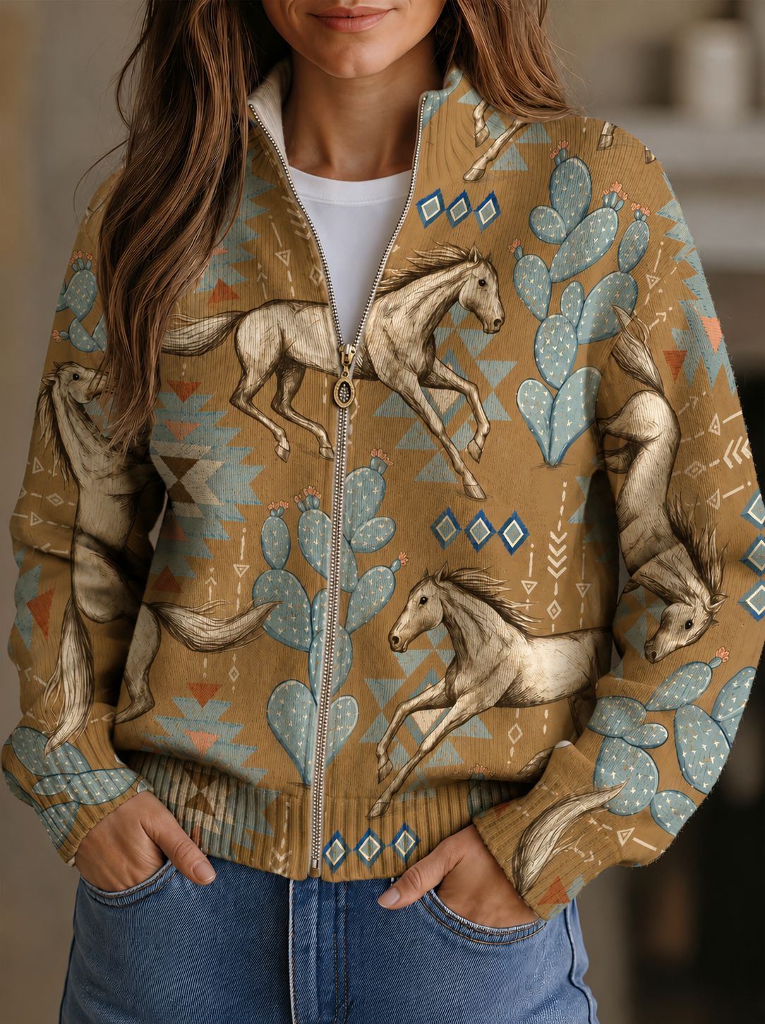 Kathryn | Horse & Cactus Print Zip-Up Cardigan