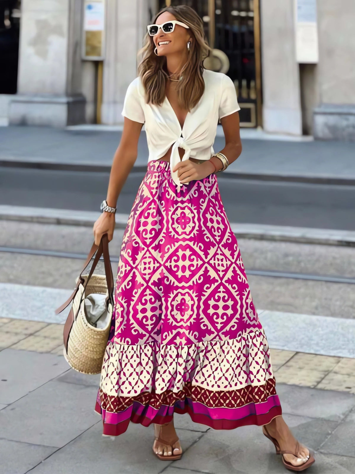 Printed Boho Maxi Skirt with Flowing Cut & Fringes | Yalina