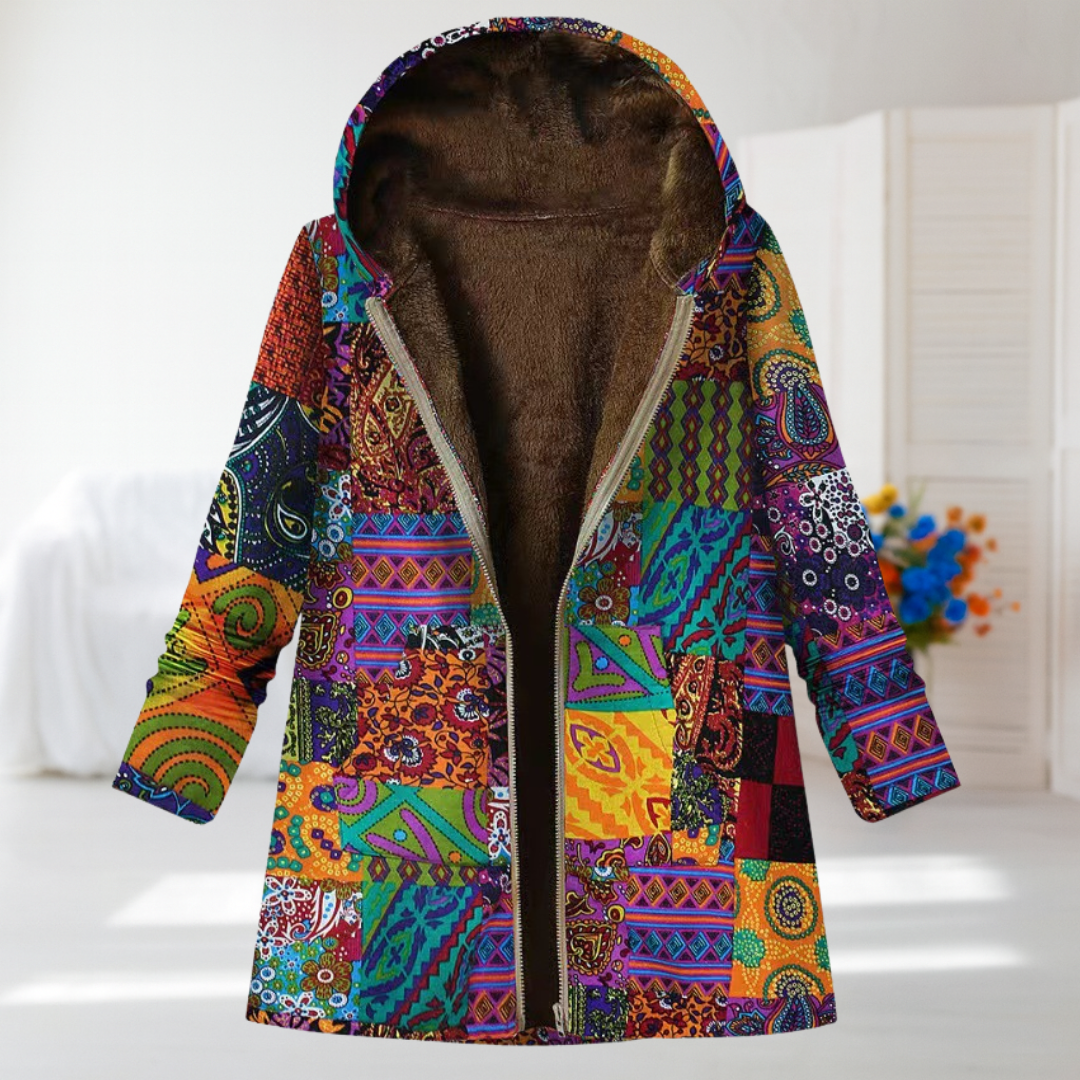 Sofia | Bright Patchwork Fleece-Lined Hooded Coat
