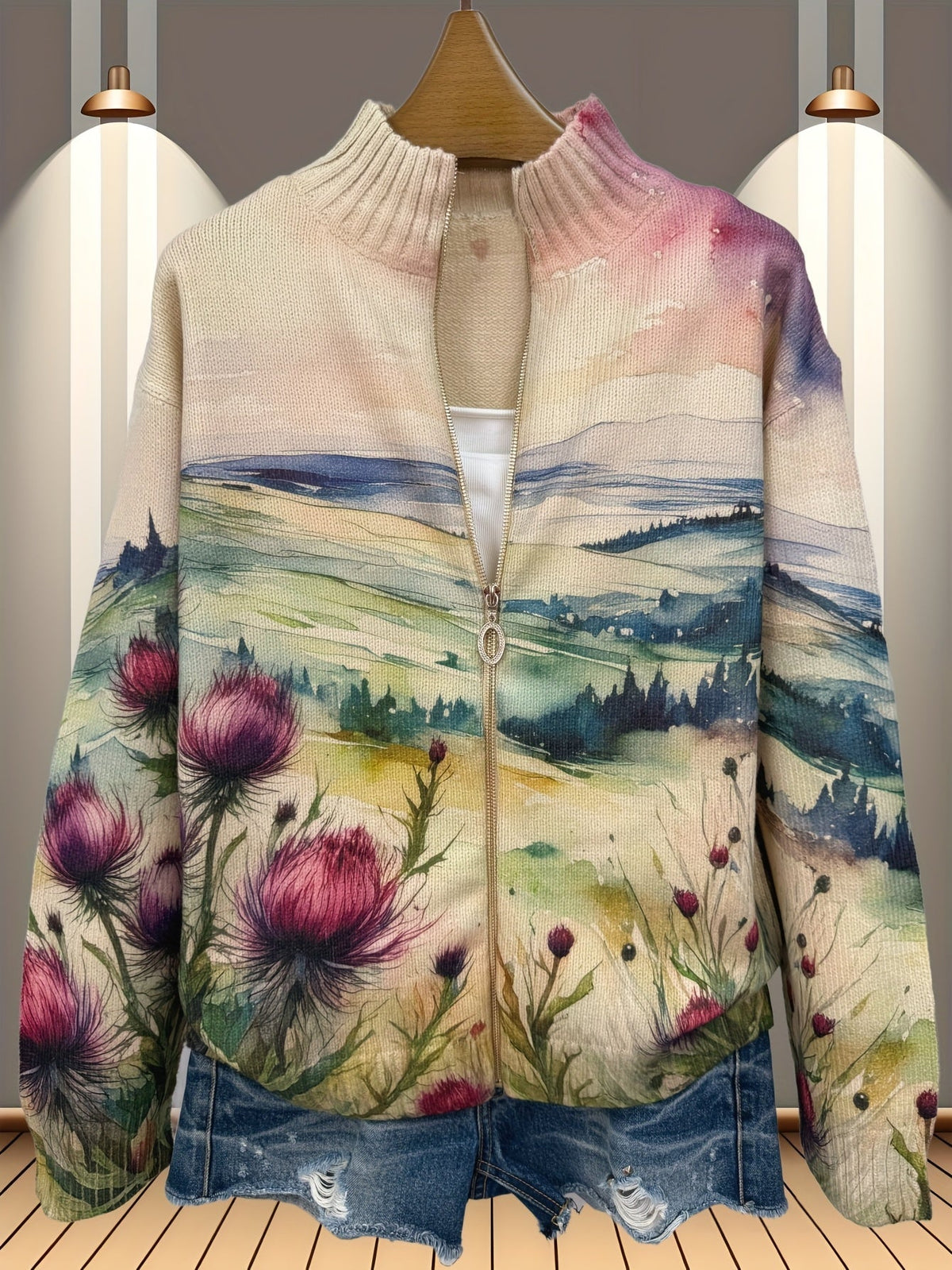 Averil | Scottish Thistle Zip-Up Cardigan