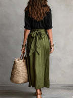 Boho High Waist Linen Maxi Skirt with Tie Waist