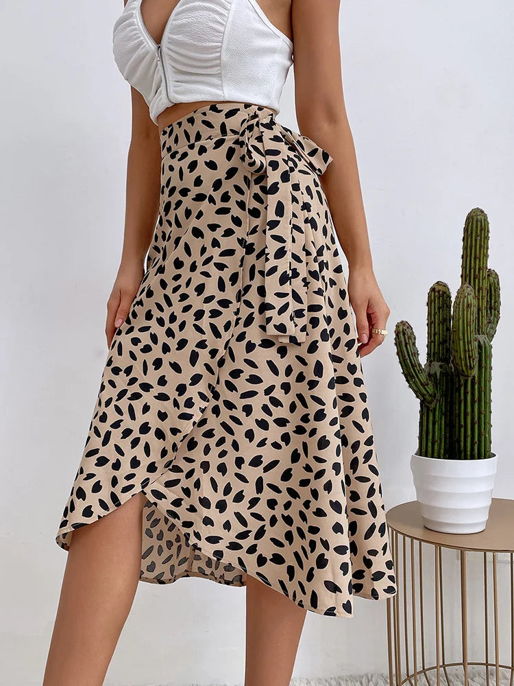 Bold High Waist Leopard Print Midi Skirt with Tie Waist