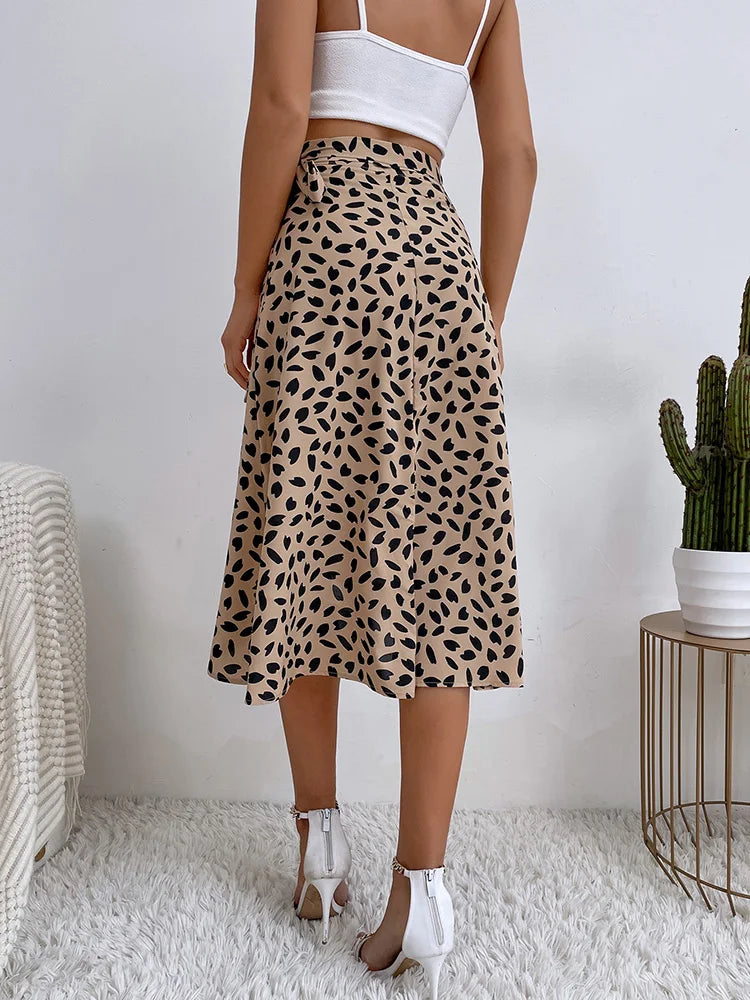Bold High Waist Leopard Print Midi Skirt with Tie Waist