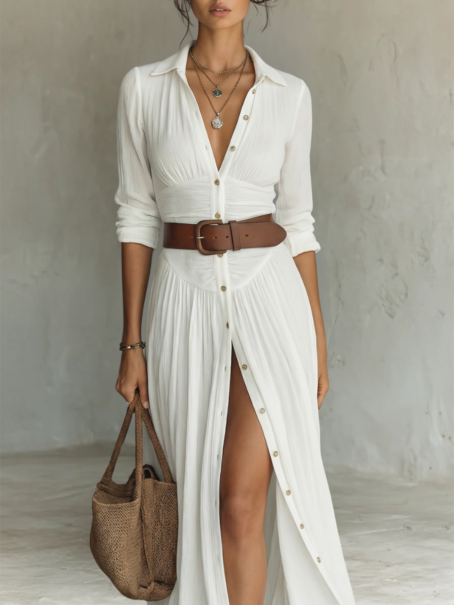 Linen Maxi Dress with Notch Collar and Long Sleeves