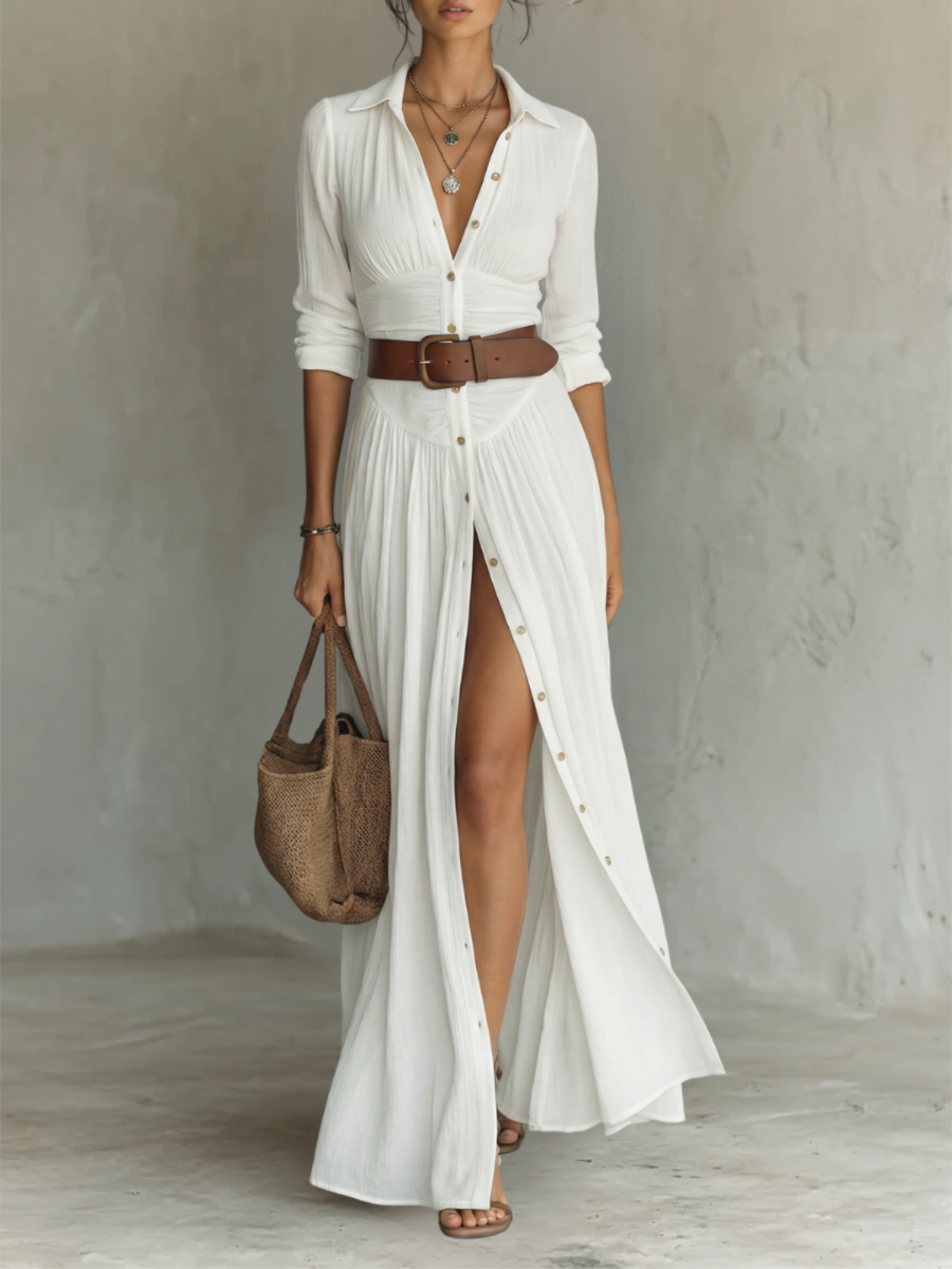Linen Maxi Dress with Notch Collar and Long Sleeves