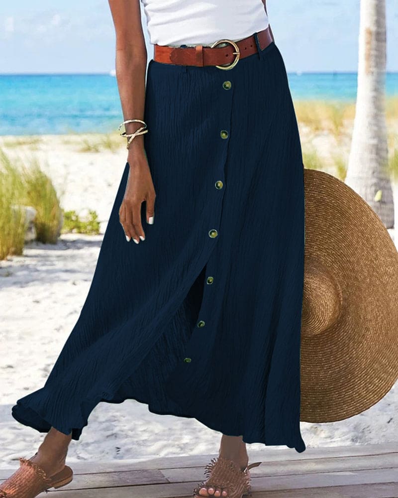 Flowy Button Front Maxi Skirt in Linen-Style Fabric