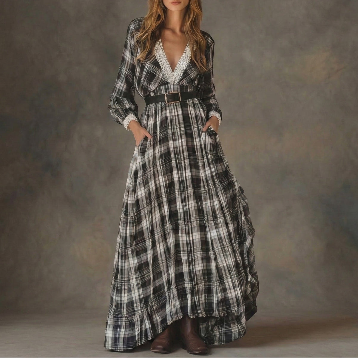 Marisela | Belted Check Maxi Dress
