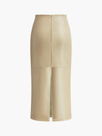 High Waist Faux Leather Midi Skirt with Back Slit