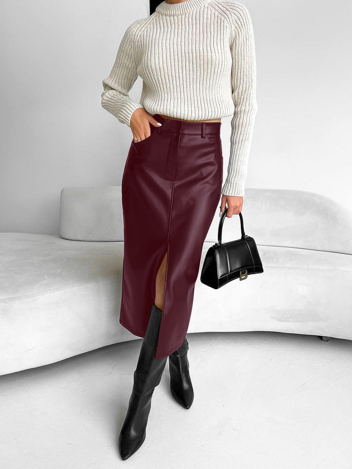High Waist Faux Leather Midi Skirt with Front Split