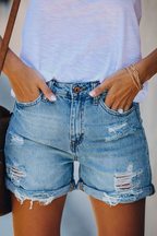 High Waisted Distressed Denim Shorts with Rolled Hem