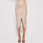 Leather Midi Skirt with Gathered Wrap Front and Split Hem