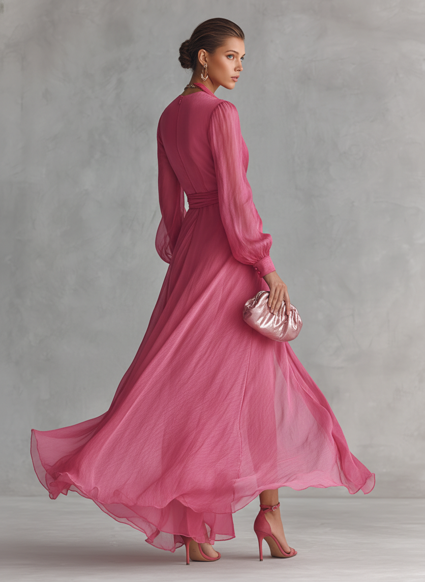 Pink Chiffon Dress with V-Neck