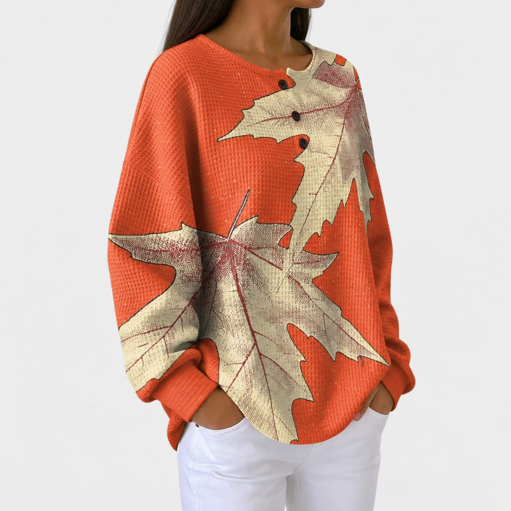 Molly | Orange Jumper with Autumn Leaf Design