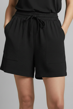 Relaxed High Waist Shorts with Drawstring and Patch Pockets
