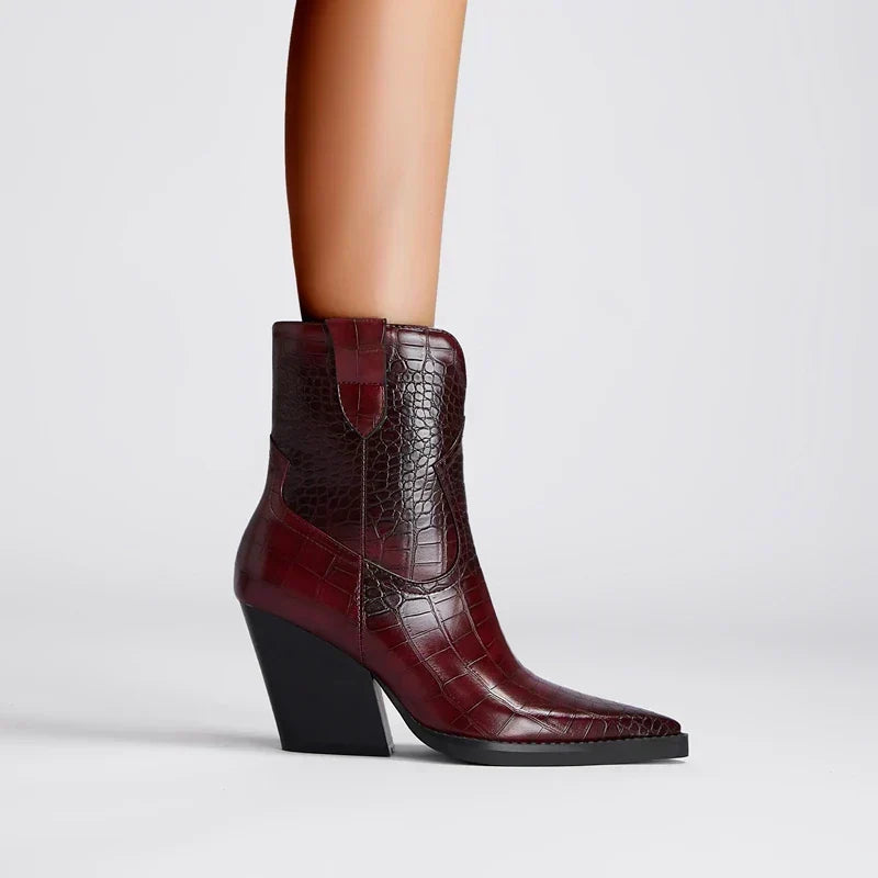 URSULA | CROC-EFFECT WESTERN ANKLE BOOTS