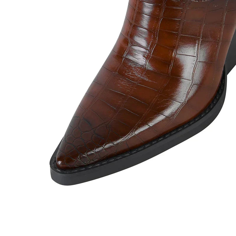 URSULA | CROC-EFFECT WESTERN ANKLE BOOTS
