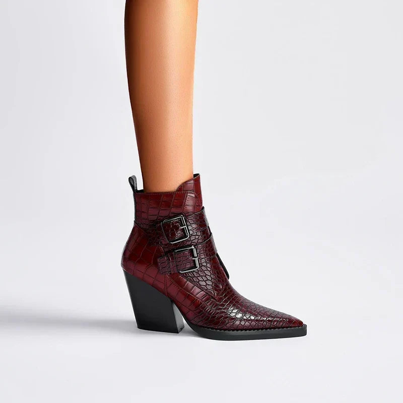 IONA | CROC-EFFECT BUCKLE ANKLE BOOTS