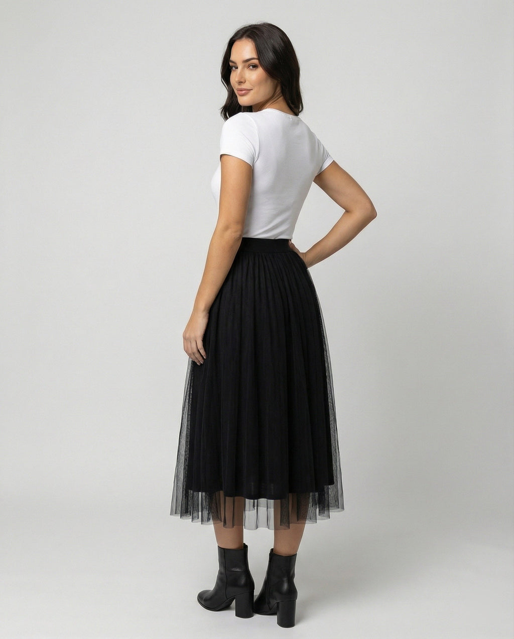 Tulle Midi Skirt with Full Layered A-Line Silhouette and Elasticated Waist