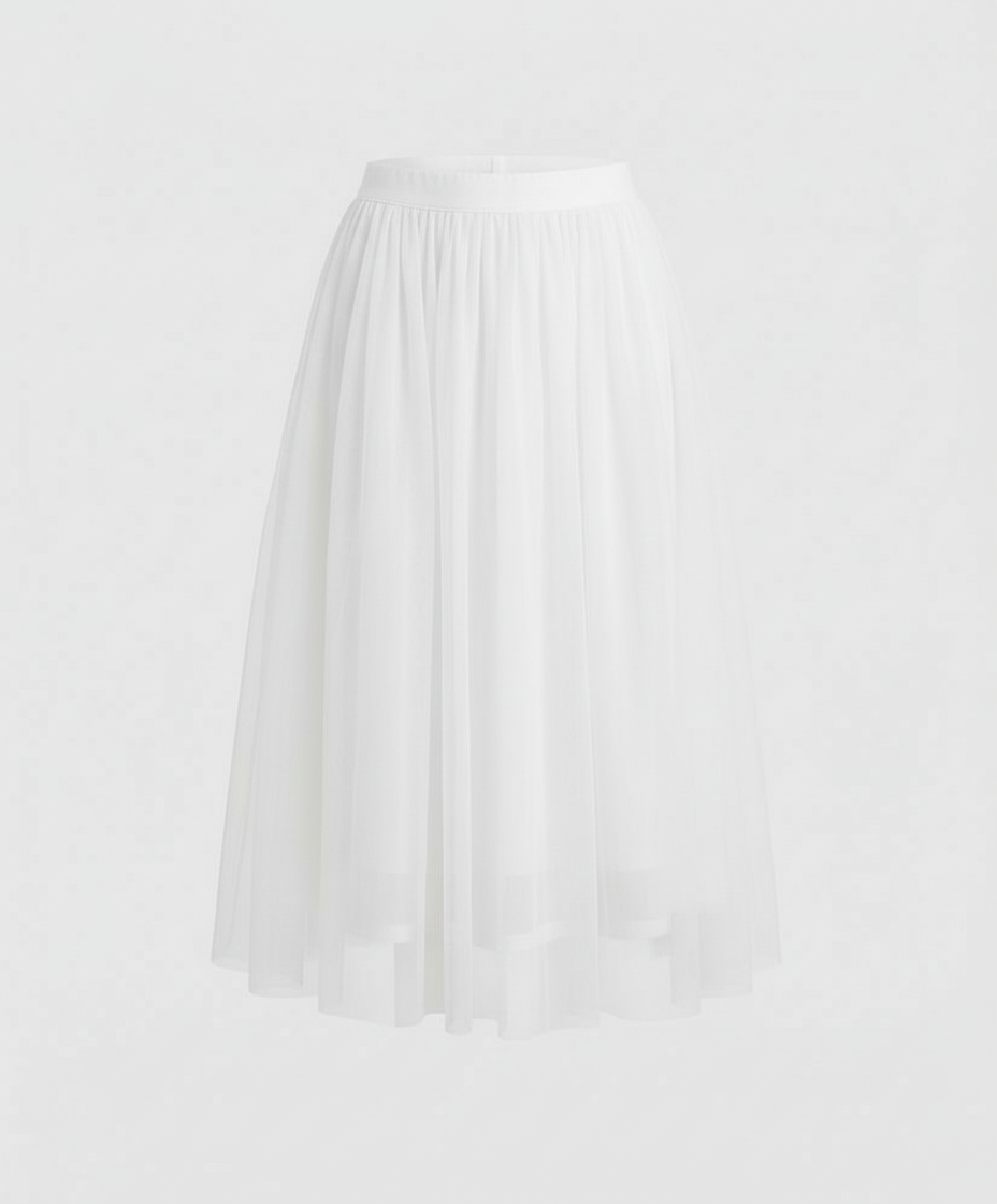 Tulle Midi Skirt with Full Layered A-Line Silhouette and Elasticated Waist