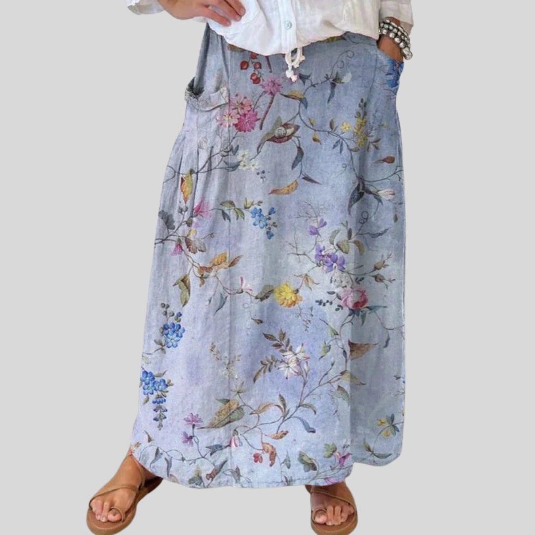 Elegant Vintage Blue Print Women's Linen Midi Skirt
