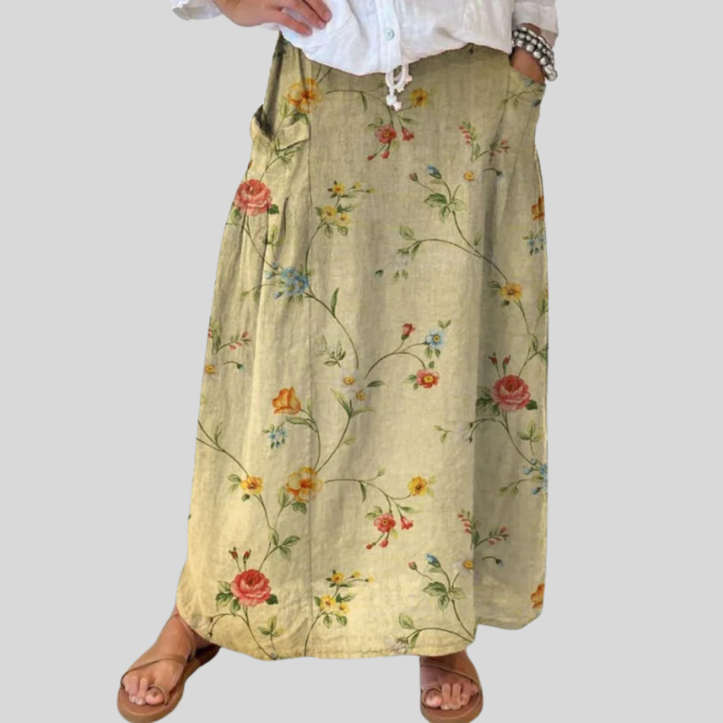 Elegant Retro Skirt for Women with Floral Pattern, Elastic Waistband and Pockets