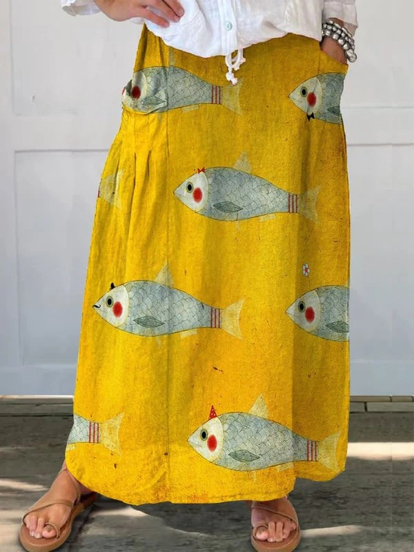 Ladies Vintage Fish Art Print Linen Skirt