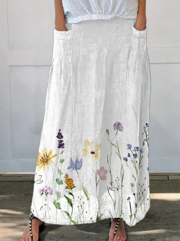 Watercolour Spring Meadows Art Printed Women's Linen Elastic Waist Pocket Skirt