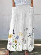 Watercolour Spring Meadows Art Printed Women's Linen Elastic Waist Pocket Skirt