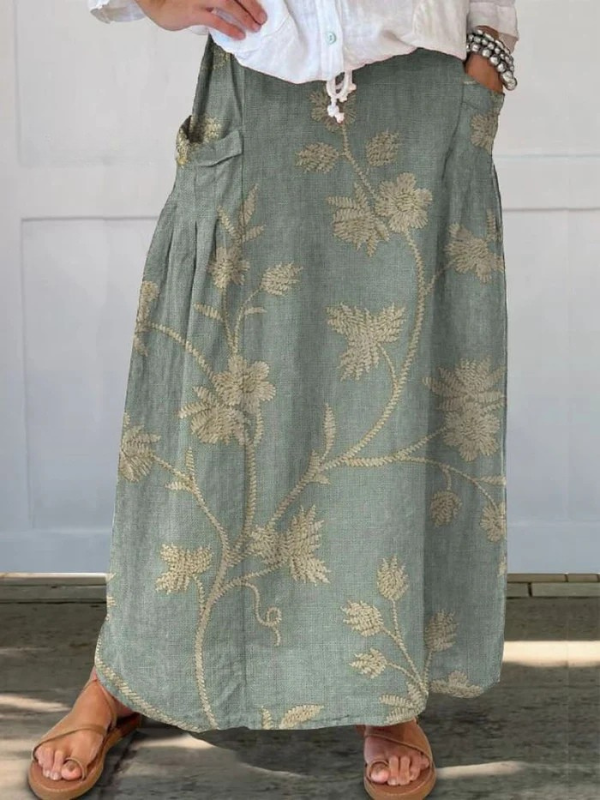 Elegant Retro Skirt for Women with Floral Pattern, Elastic Waistband and Pockets