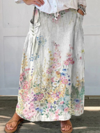 Elegant Retro Skirt for Women with Floral Pattern, Elastic Waistband and Pockets
