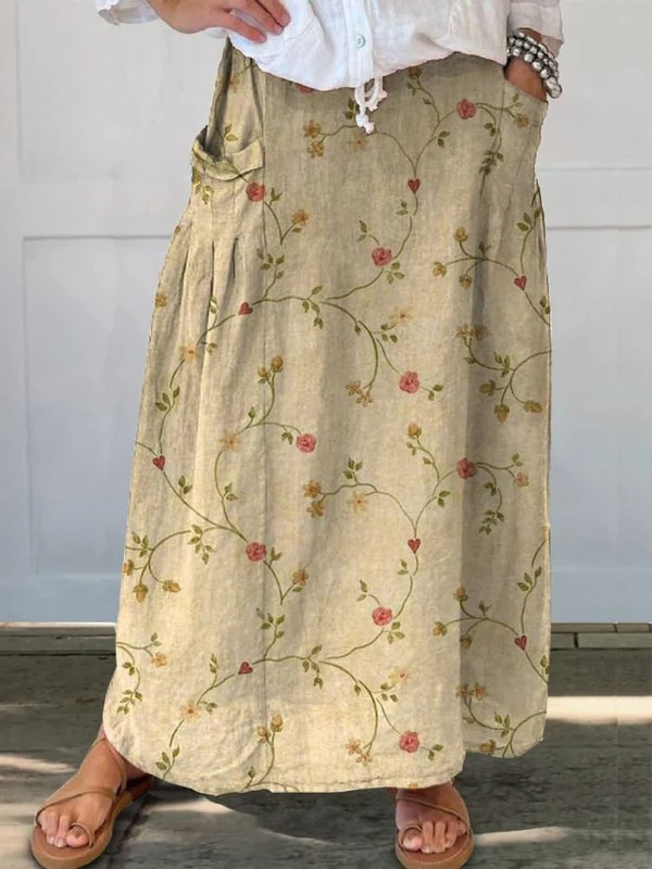 Ladies Retro Floral Art Linen Elastic Waist Skirt with Pockets