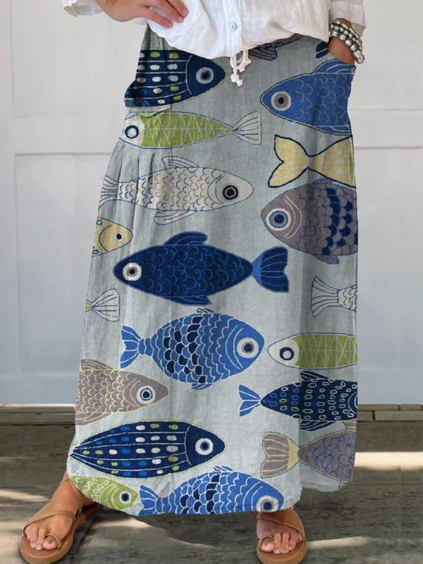 Ladies Vintage Love Fish Art Print Linen Skirt